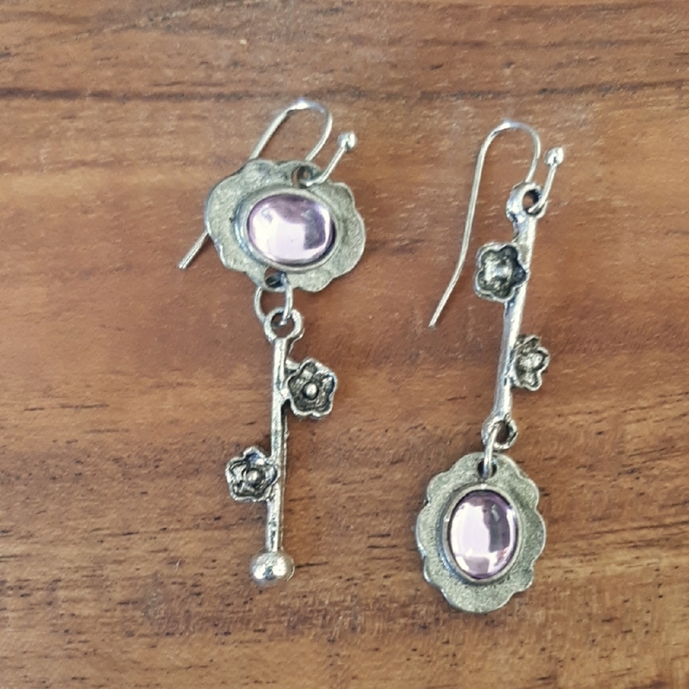 Floral Silver Earrings with Pink Accents